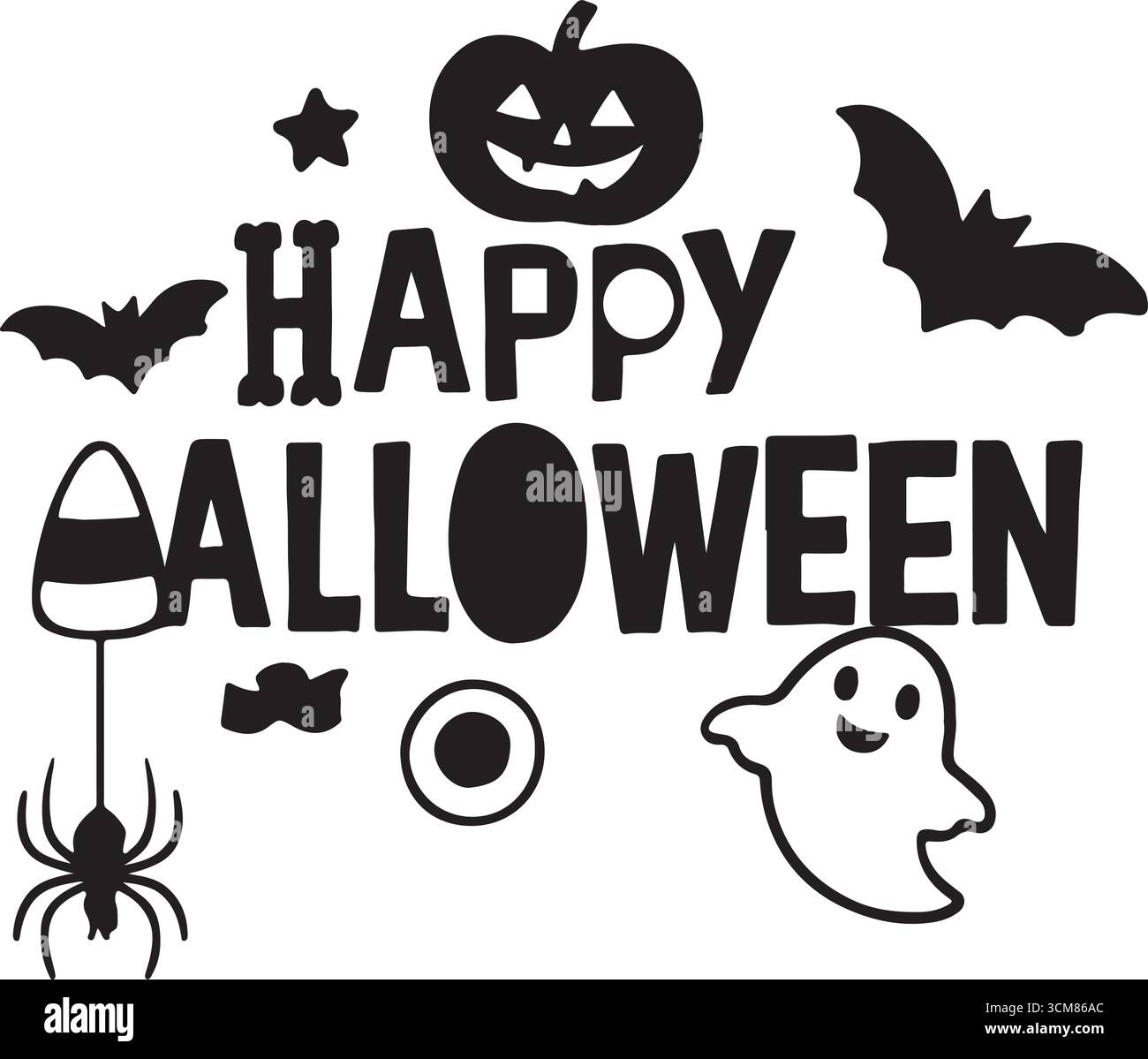 Biglietto d'invito per la festa di Halloween con la spaventosa zucca, cappello da strega, simpatico fantasma Illustrazione Vettoriale