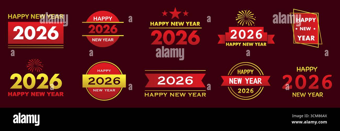 Set di loghi testuali colorati con l'iscrizione Happy New Year 2026 . Modello di progettazione con numeri 2026. Set di simboli felice anno nuovo 2026 . Vettore i Illustrazione Vettoriale
