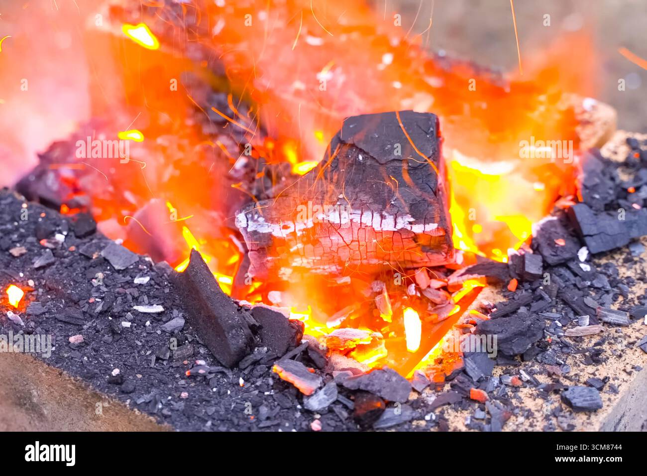 Brucia carbone nel fuoco da campeggio con mattoni ignifughi Foto Stock