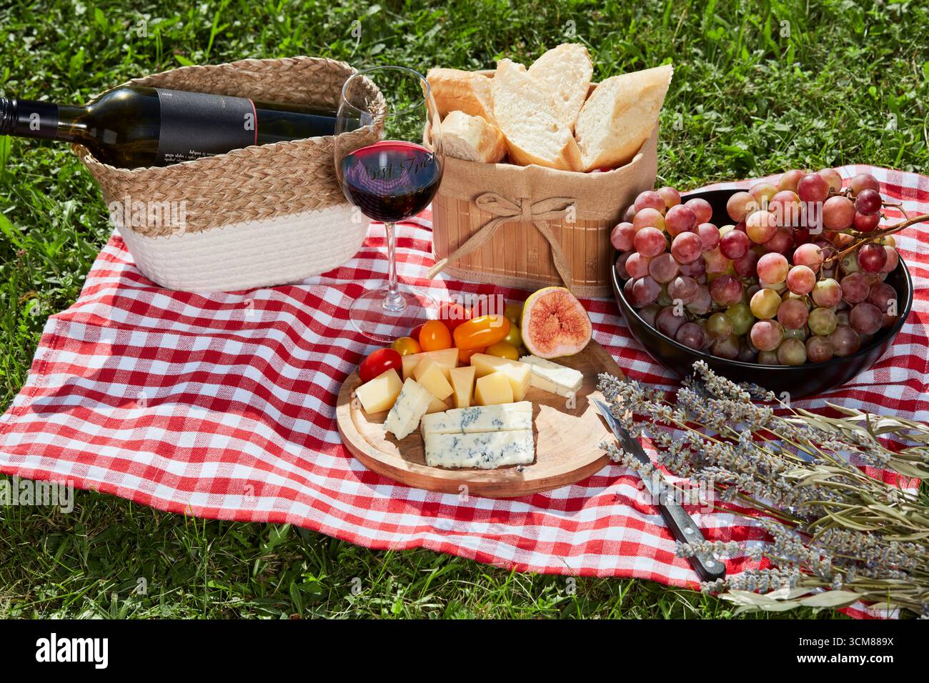 Picnic con formaggio, frutta, pane e vino rosso su una tovaglia a scacchi rossa e bianca. Vista centrale 2. Foto Stock