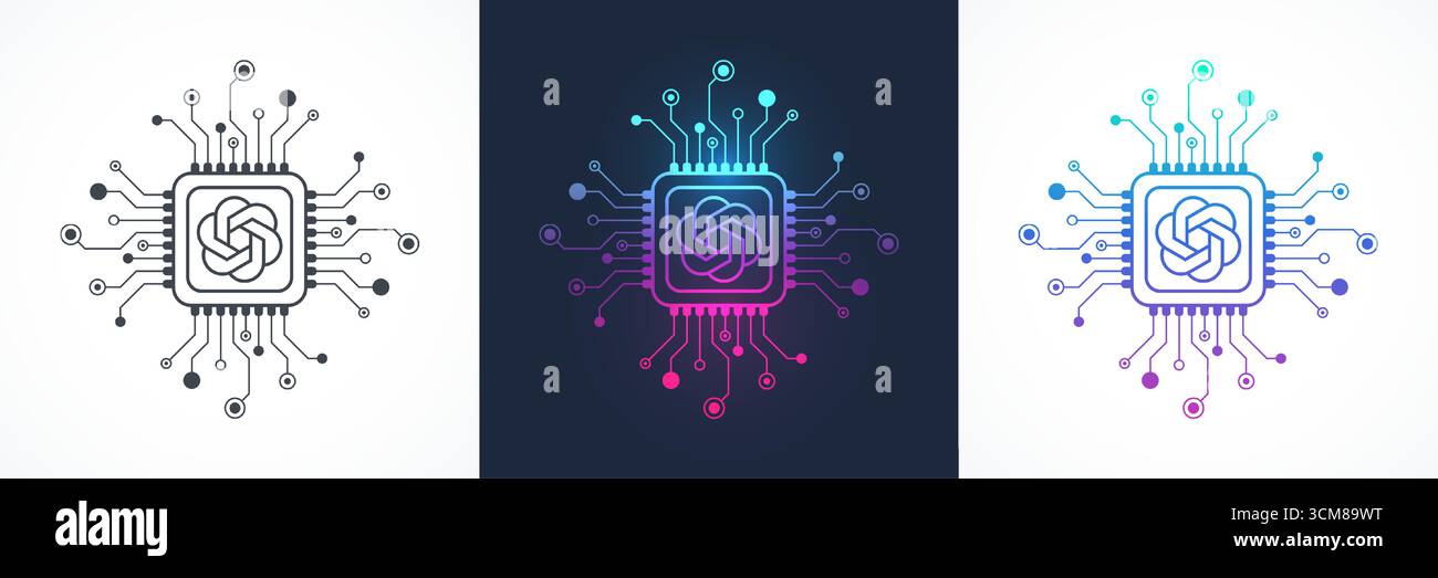 Icona GPT, simbolo, logo nello stile della linea del circuito. Progettazione delle icone vettoriali del processore bot per la chat AI. Chip digitale della scheda madre GPT per poster, banner, intestazione Illustrazione Vettoriale