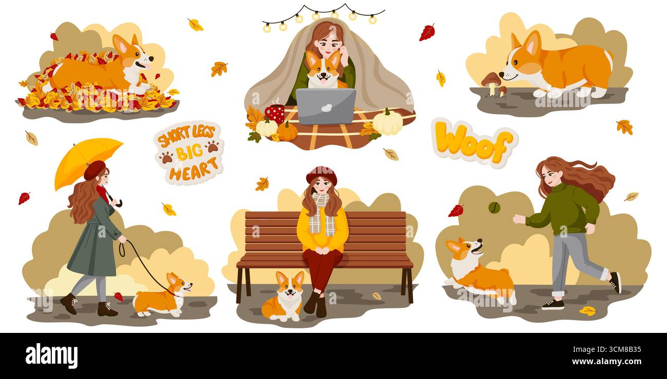 Set di illustrazioni vettoriali che mostrano carini cani corgi nelle scene autunnali. Include giocare con le foglie, camminare, divertirsi con il laptop e divertirsi all'aperto. Perfetto per Illustrazione Vettoriale