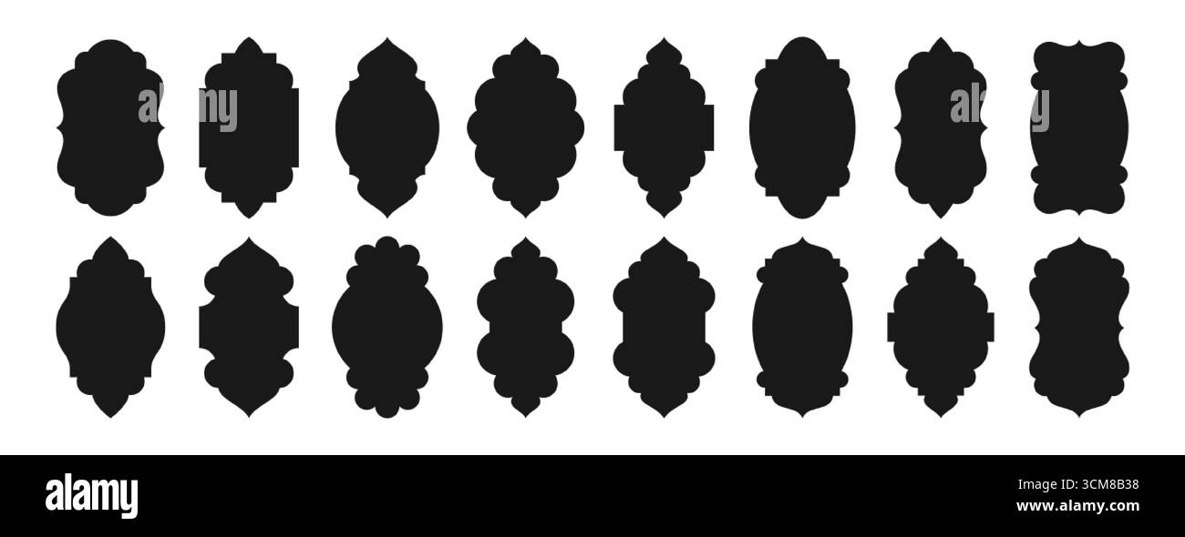 Vecchie forme di finestre islamiche vettoriali in stile orientale. Archi decorativi eid mubarak con silhouette nera, bordi della moschea o cancelli marocchini. Cornici di architettura araba musulmana, elementi di design ramadan Illustrazione Vettoriale