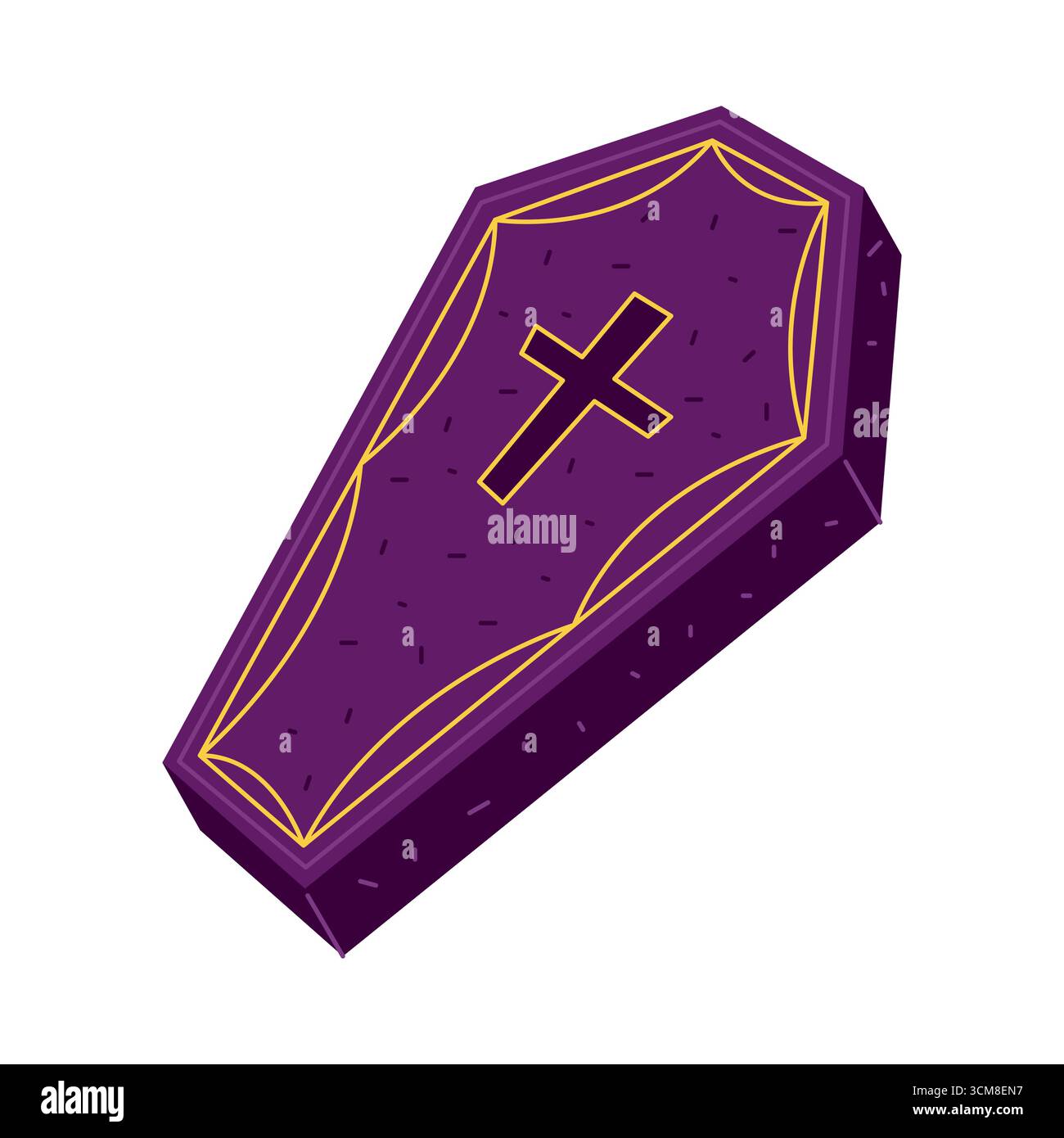 Scatola da bara cartoni animati o cofanetto di Halloween. Tomba vettoriale o cripta, simbolo del mausoleo. Firma per sepoltura e funerale, morte e cimitero. Cadavere isolato o custodia cadavere, contenitore scheletrico. Monumento dell'orrore. Illustrazione Vettoriale