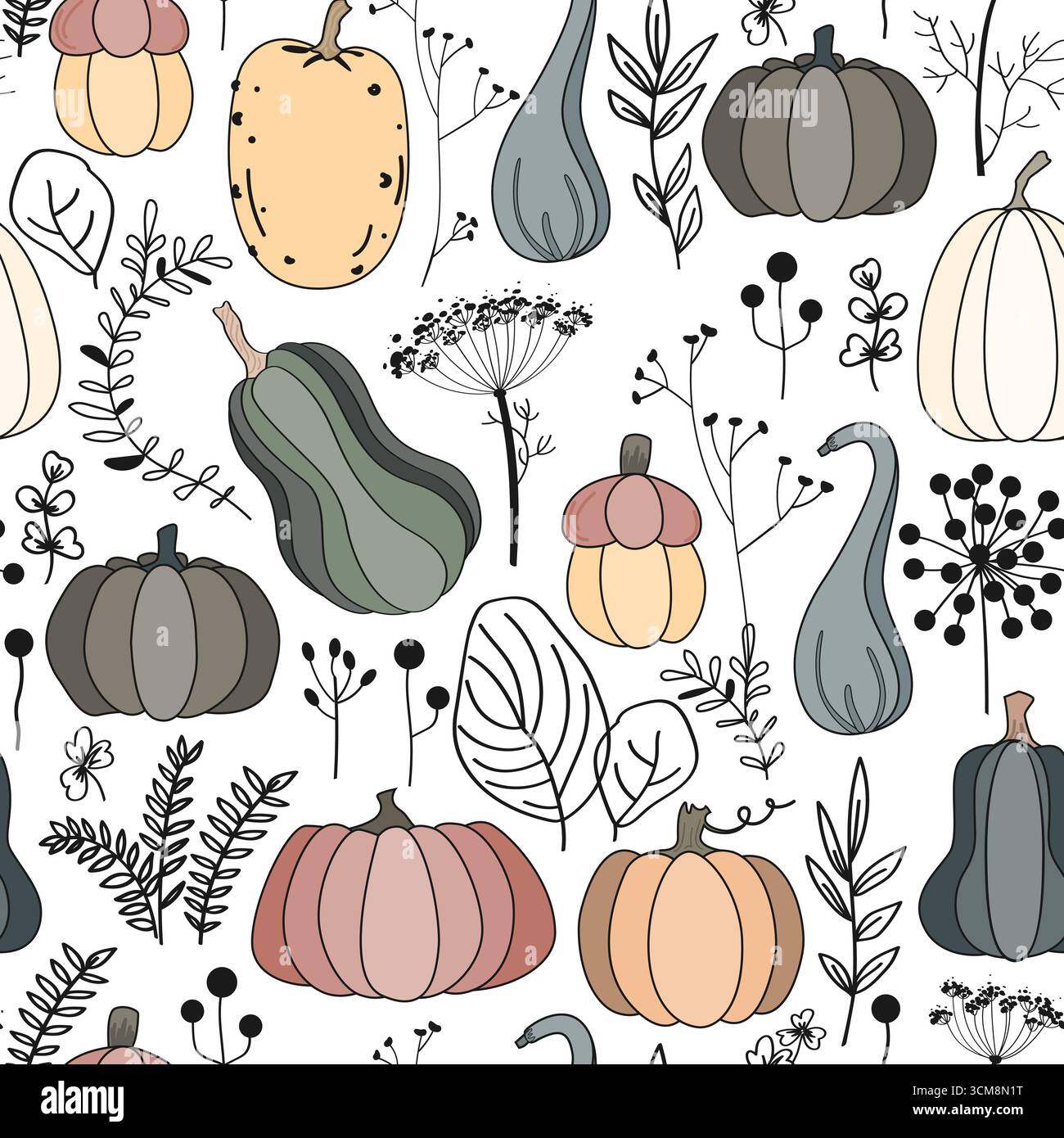 Fantasia autunnale naturale senza cuciture con foglie lineari ed erbe aromatiche e simpatiche zucche. Sfondo autunnale e Ringraziamento. Illustrazione vettoriale Illustrazione Vettoriale