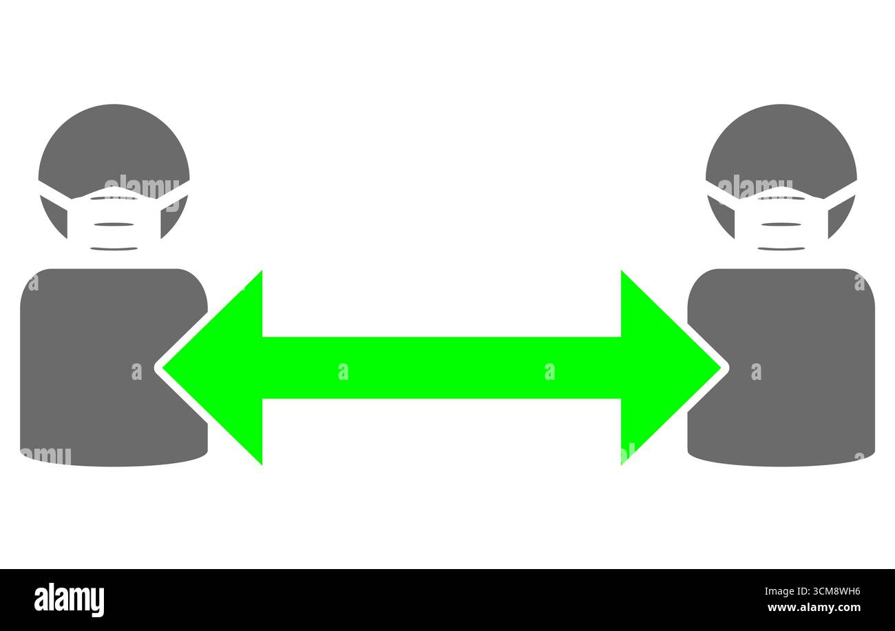 Icona di 2 persone con maschere facciali e freccia verde per indicare distanza e separazione Foto Stock