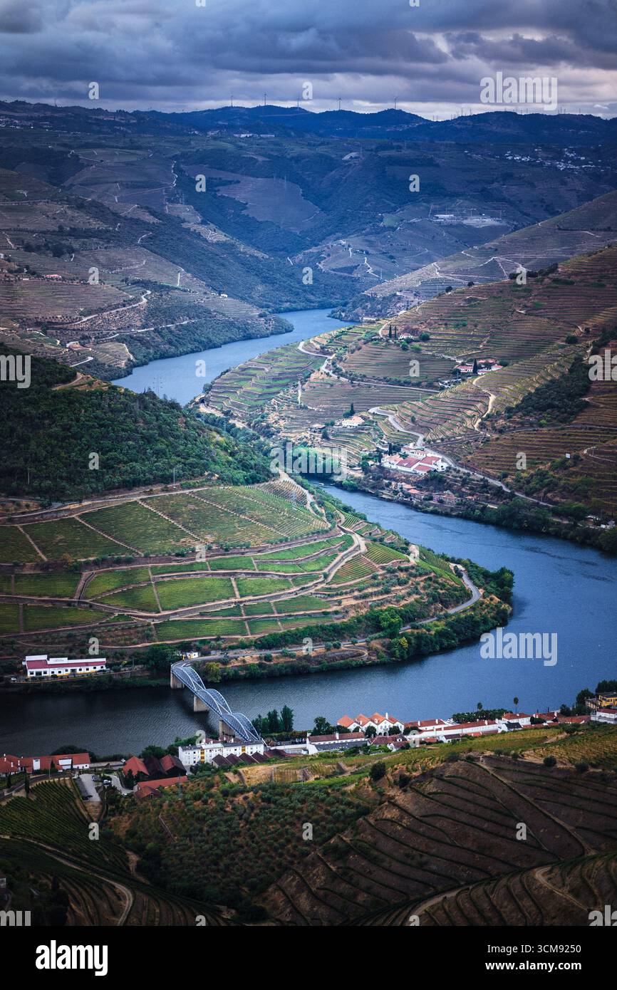 Una vista del fiume e dei vigneti nella valle del Douro sotto pesanti nuvole, catturati in un tono scuro e drammatico. La scena riflette profondità, mistero e Th Foto Stock