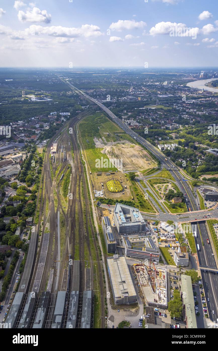 Vista aerea, vecchia stazione merci, Duisburger Freiheit, design name Duisburger Duenen, cantiere Dellviertel, stazione centrale di Duisburg, Duis Foto Stock