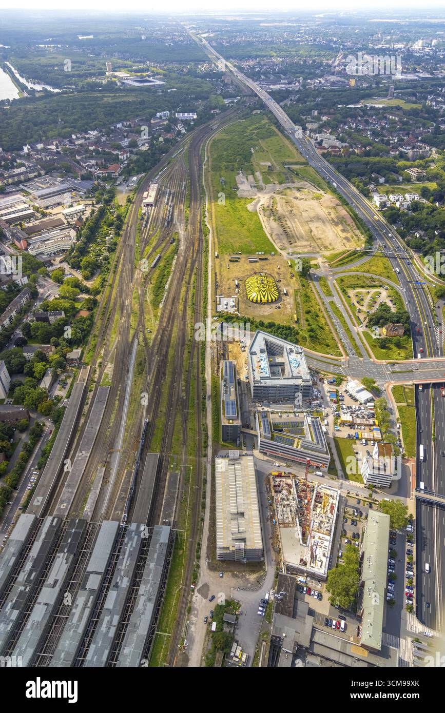 Vista aerea, vecchia stazione merci, Duisburger Freiheit, design name Duisburger Duenen, cantiere Dellviertel, stazione centrale di Duisburg, Duis Foto Stock