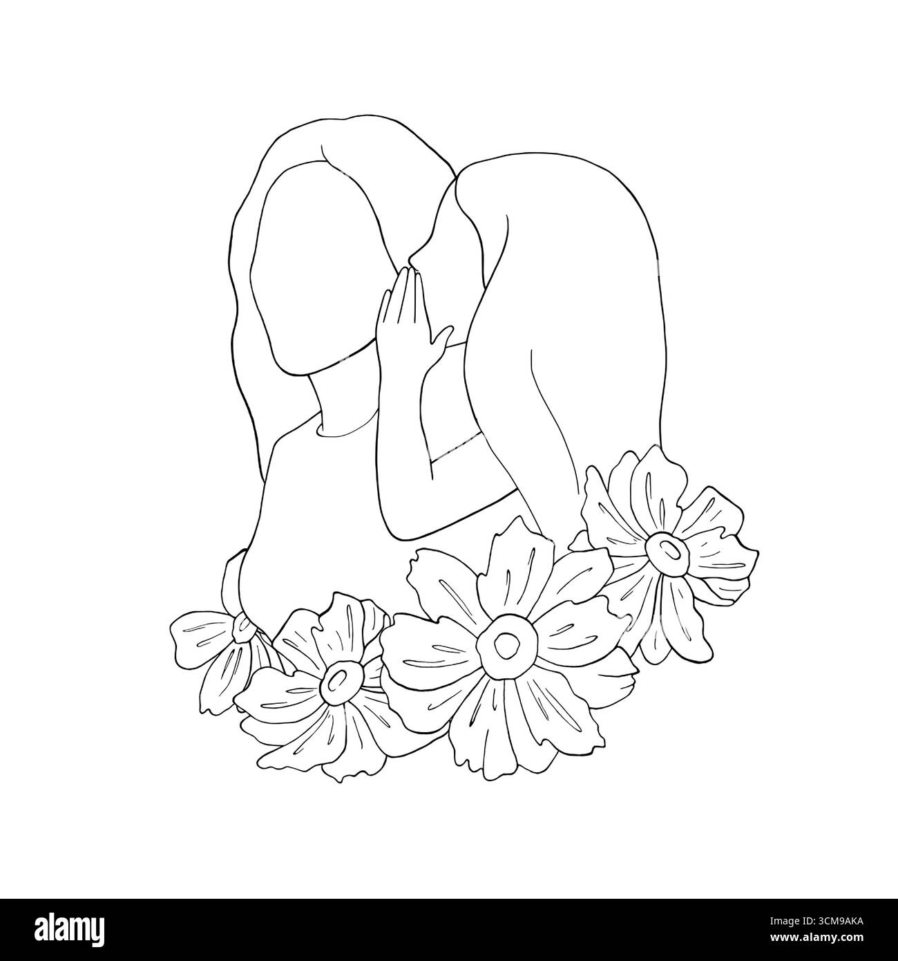 La figlia sussurra nell'orecchio della madre. Ragazza, mamma, fiori. Illustrazione vettoriale grafica, disegno linea di schizzo. Festa della mamma e della figlia. Biglietto d'auguri Illustrazione Vettoriale