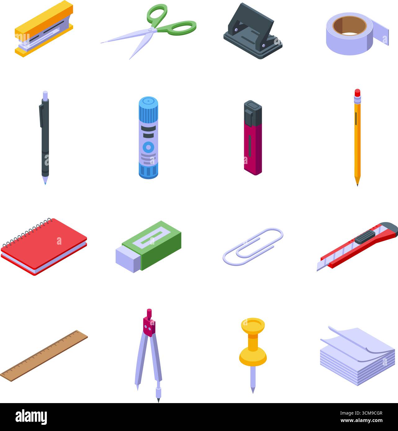 Materiale per la scuola d'ufficio Isometric. Icone di cancelleria isolate, nastro a forbice a penna. Diversi strumenti per il lavoro d'ufficio, per la scrittura e il disegno, eleganti Illustrazione Vettoriale
