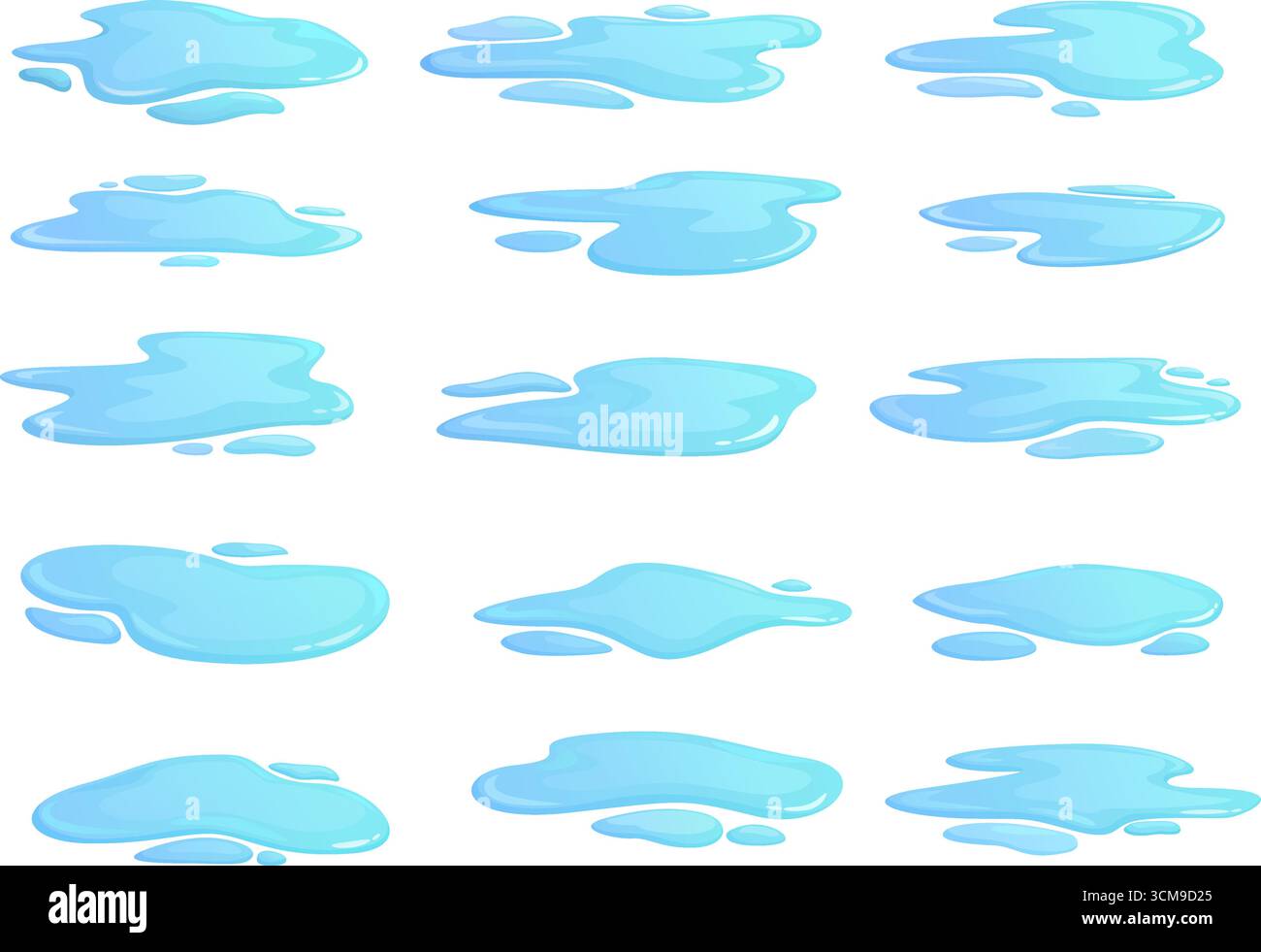 Pozzanghere d'acqua. Liquidi blu, pozzetto con gocce. Versamento di acqua pulita forme diverse, elementi di design fluenti. Primavera autunnale, sapid Vector set o Illustrazione Vettoriale