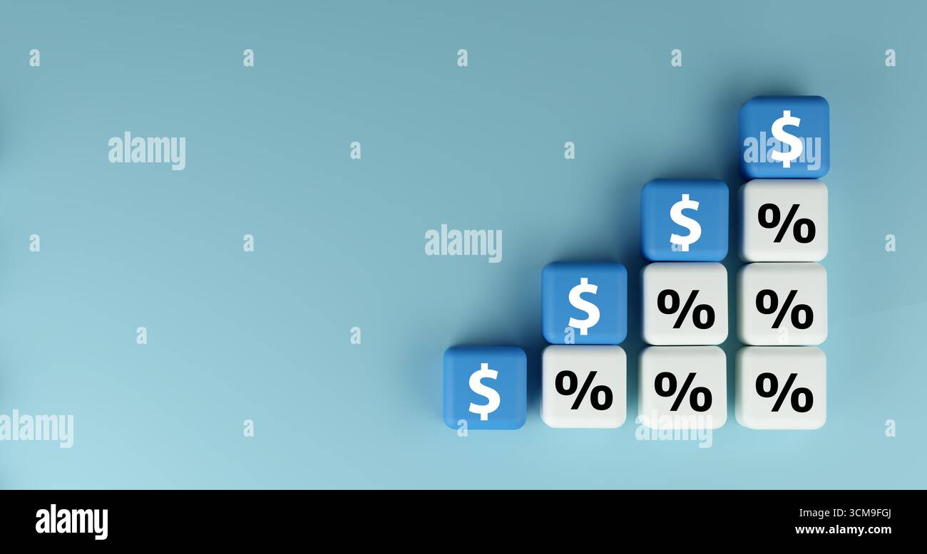 Concetto di crescita finanziaria con blocchi 3D che mostrano simboli di dollaro e tasso di interesse, strategia di investimento, banche, prestiti, mutui, analisi economica, profi Foto Stock
