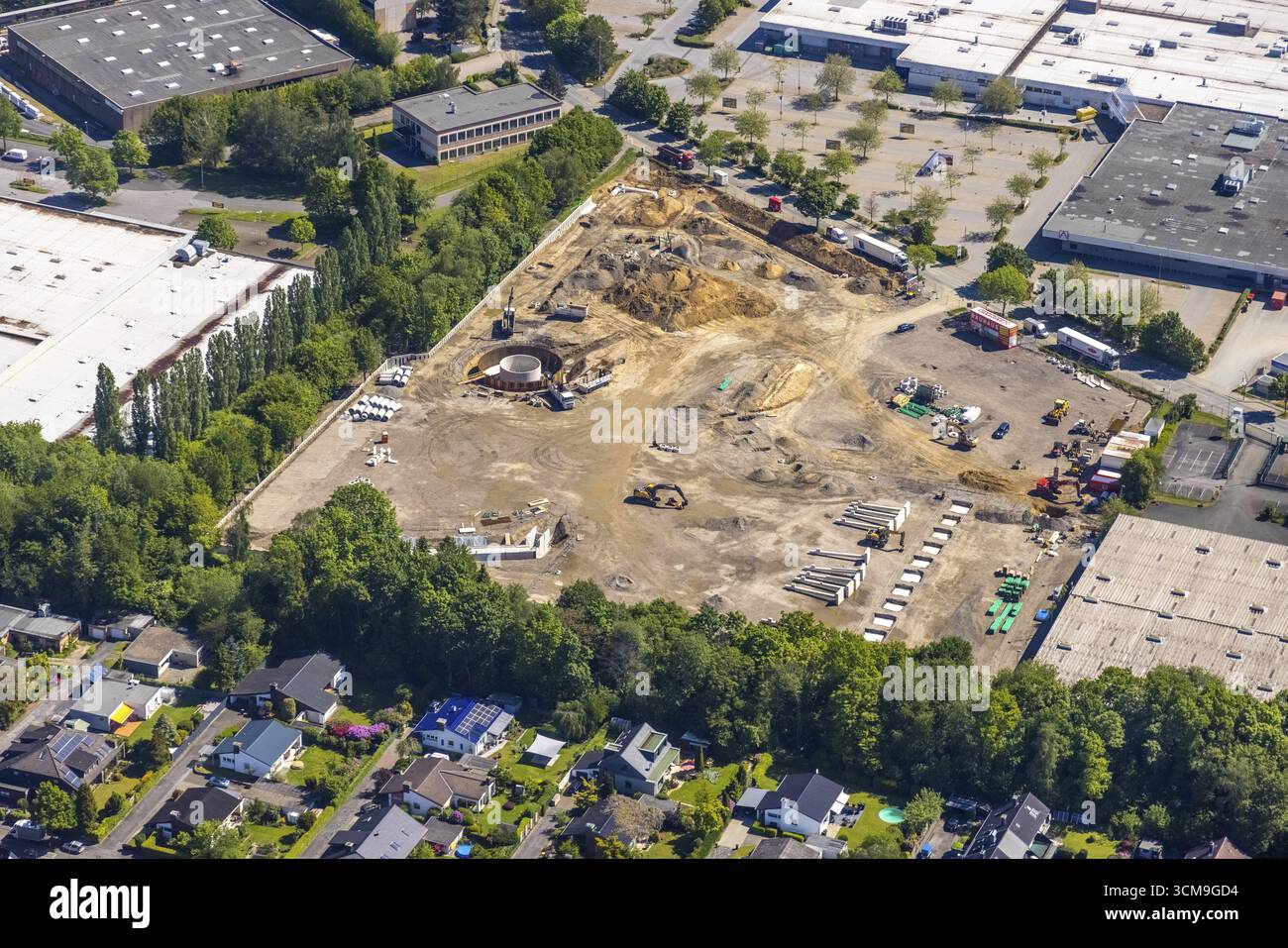 Vista aerea, zona industriale Schleefstrasse con cantiere edile e nuovo negozio Bauhaus DIY, Aplerbeck, Dortmund, regione della Ruhr, Renania settentrionale-Vestfalia Foto Stock
