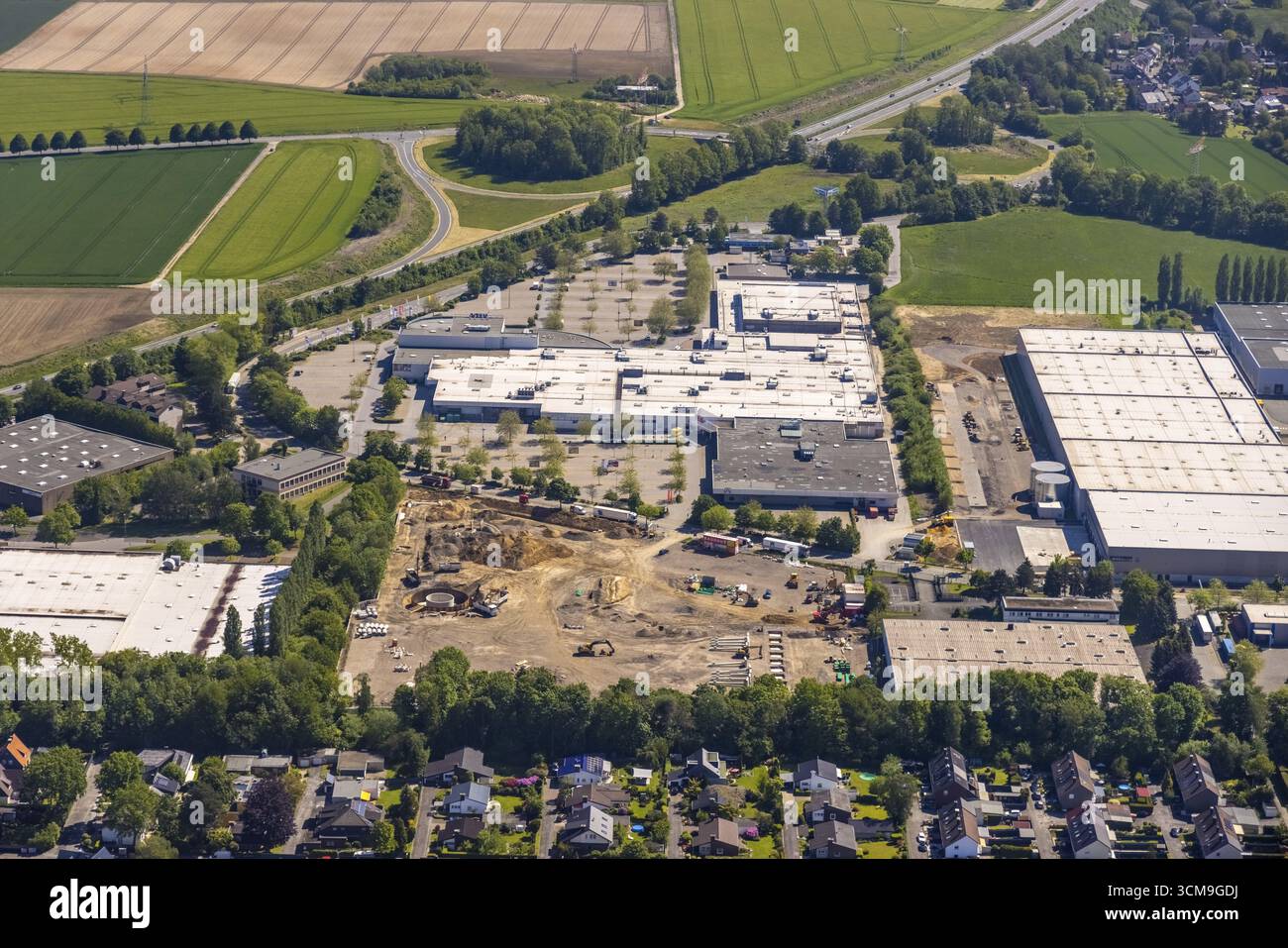 Vista aerea, zona industriale Schleefstrasse con cantiere edile e nuovo negozio Bauhaus DIY, Aplerbeck, Dortmund, regione della Ruhr, Renania settentrionale-Vestfalia Foto Stock
