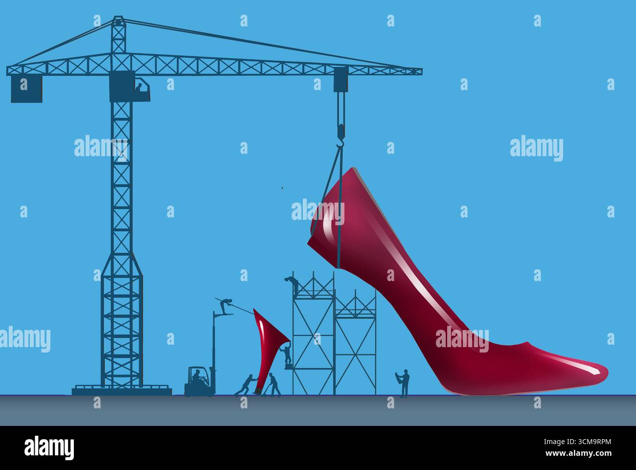 Otto operai edili e attrezzature lavorano per mettere un tacco alto su una scarpa da donna in un'illustrazione in 3D su costose scarpe firmate. Foto Stock