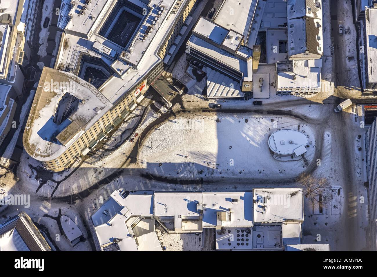 Vista aerea, Dr.-Ruer-Platz sulla neve, Gleisdreieck, Bochum, regione della Ruhr, Renania settentrionale-Vestfalia, Germania, città, GERMANIA, Europa, forme e colori, città Foto Stock
