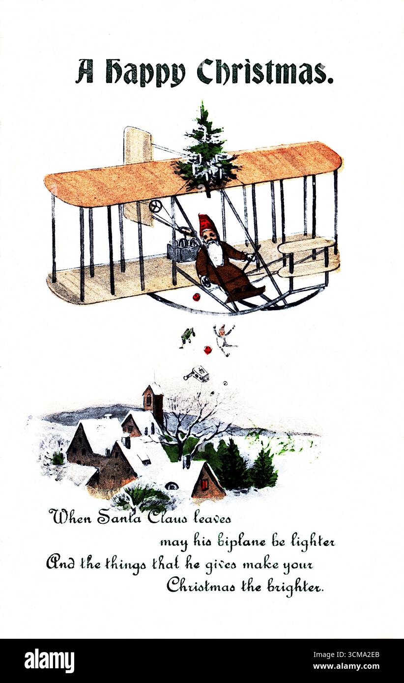 Babbo Natale pilota un biplano d'epoca, regalando regali su un villaggio innevato. Un albero di Natale cavalca accanto a lui e una poesia allegra sotto desidera luminosità e gioia. Il design stravagante, datato 1915, fonde il fascino edoardiano con la prima fantasia aeronautica, catturando il fascino dell'epoca per il volo e l'immaginazione festosa in un periodo di incertezza globale. Da un biglietto di auguri edoardiano originale. Foto Stock