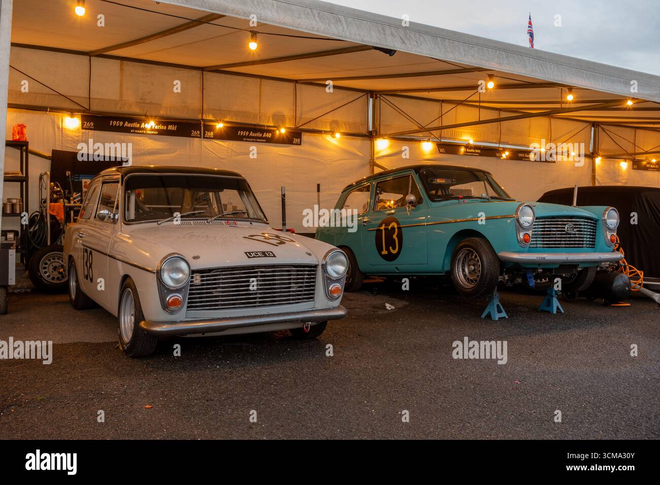 Settembre 2025 - vetture Austin A40 nel paddock al primo semaforo al Goodwood Revival Foto Stock