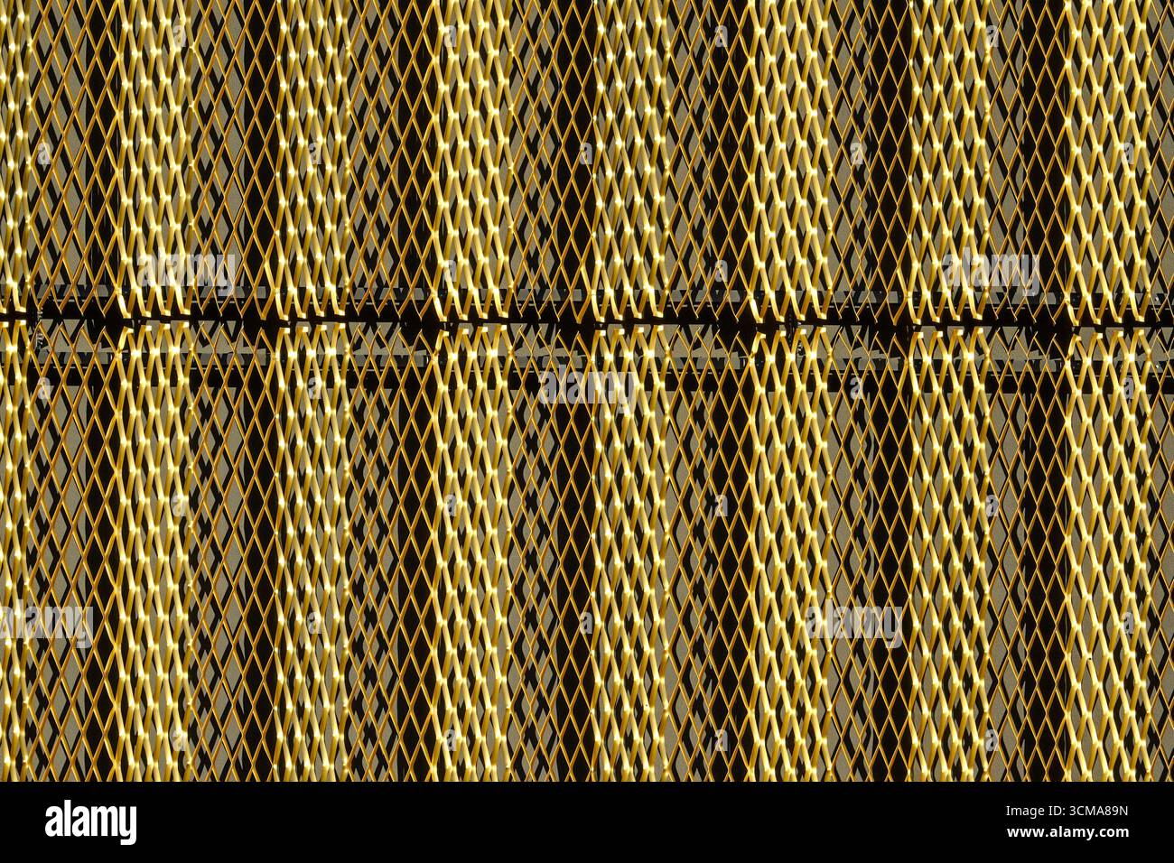 Lattice Lightwork: Texture visuale dinamica. La facciata dell'Ecole des Cropettes di Ginevra, Svizzera, progettata da LVPH Architectes Sarl, presenta un reticolo dorato che crea sorprendenti motivi a diamante di luce e ombra. Foto Stock