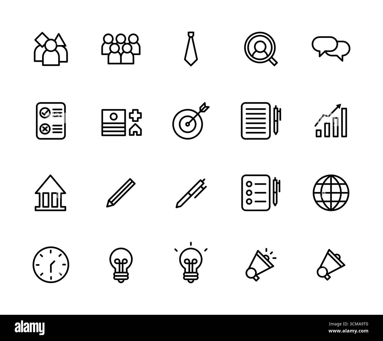 Set di 20 icone di line art, risorse umane, pianificazione della forza lavoro, benefici retributivi, governance aziendale, specializzazione, politiche, istruzione Illustrazione Vettoriale