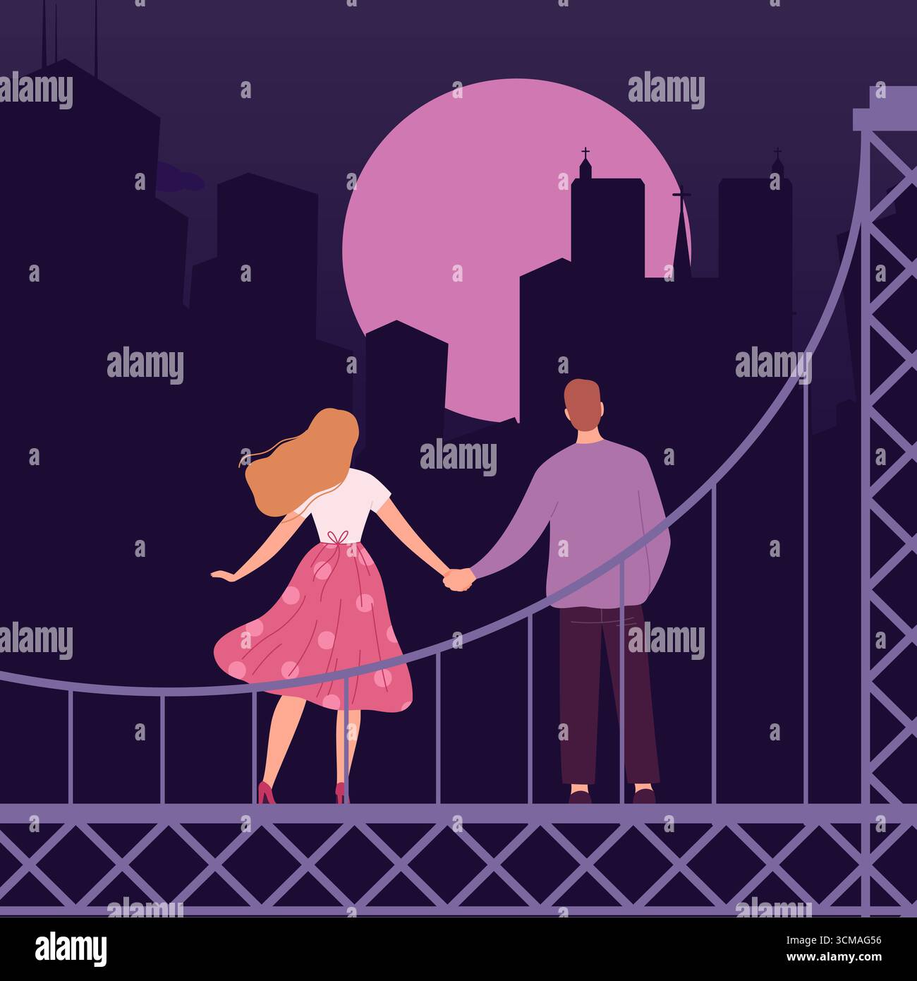 Coppia d'amore. le persone guardano sul ponte mentre guardano le opere d'arte originali al chiaro di luna della città Illustrazione Vettoriale
