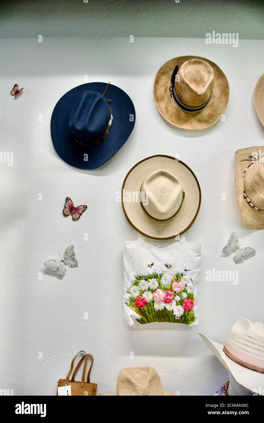 Espositore di cappelli e borsa tote ricamata con decorazioni a farfalla Foto Stock