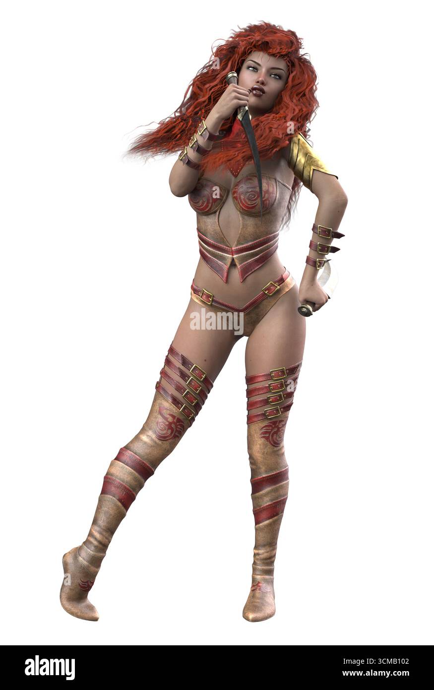 Illustrazione in 3D di una feroce guerriera fantasy femminile con capelli rossi ricci, vestita con un'armatura dettagliata, che tiene in mano due lame curve in una potente ba Foto Stock