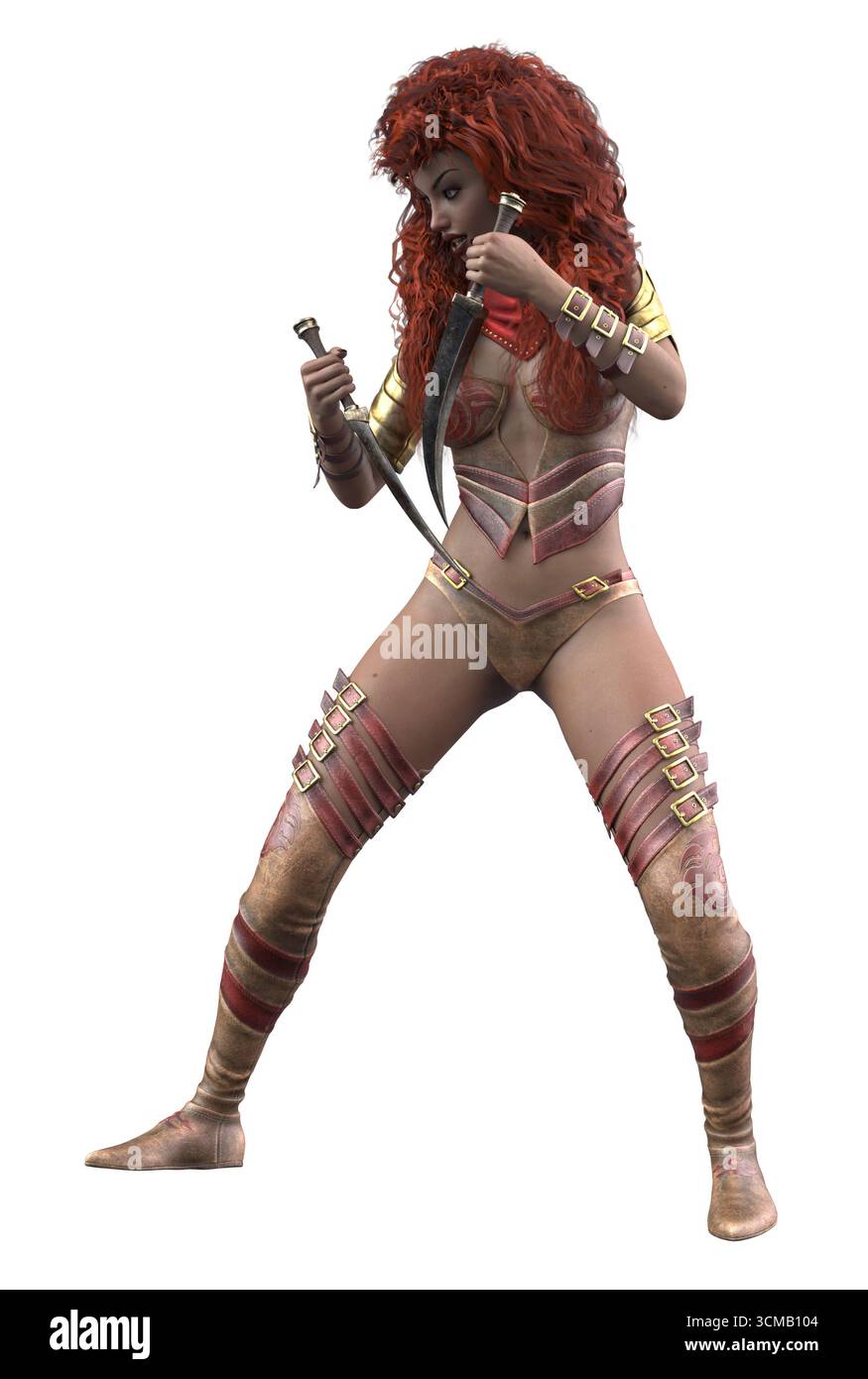 Illustrazione in 3D di una feroce guerriera fantasy femminile con capelli rossi ricci, vestita con un'armatura dettagliata, che tiene in mano due lame curve in una potente ba Foto Stock