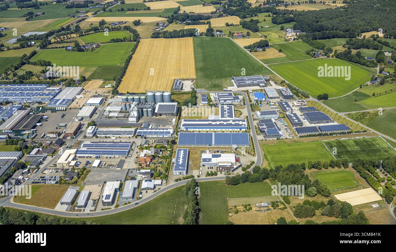 Vista aerea, zona commerciale Dingden-Nord, Sachsenstrasse, Dingden, Hamminkeln, bassa Renania, Renania settentrionale-Vestfalia, Germania, Germania, Germania, Europa, commerciale e Foto Stock