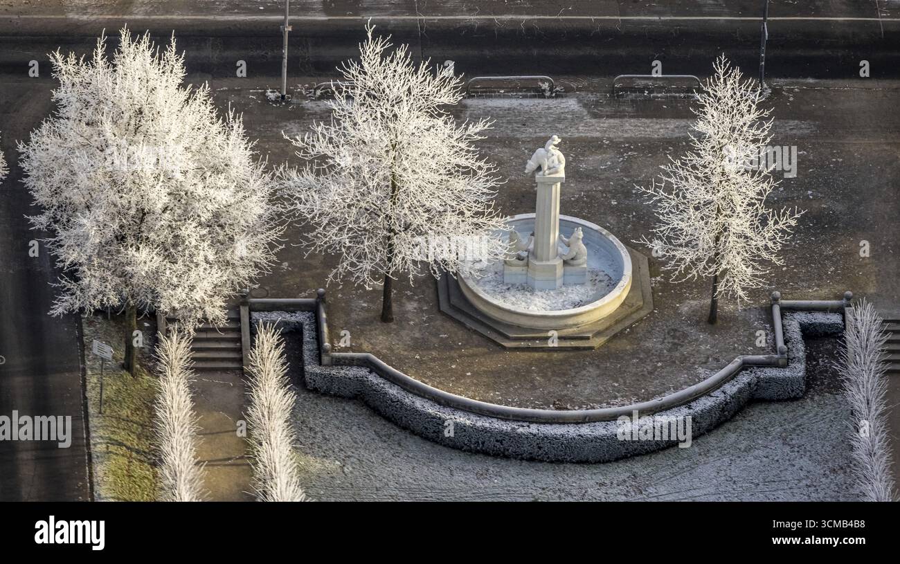 Vista aerea, fontana degli orsi invernali, alberi innevati, centro, Hamm, regione della Ruhr, Renania settentrionale-Vestfalia, Germania, Germania, Germania, Europa, vista dall'alto, foto dall'alto Foto Stock