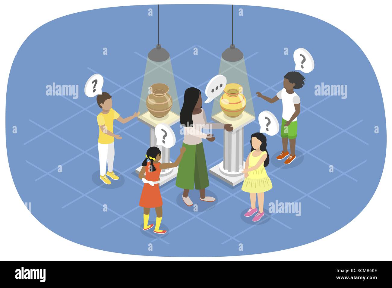 Illustrazione piatta isometrica 3D del gruppo di bambini curiosi in galleria o museo, bambini in escursione Foto Stock