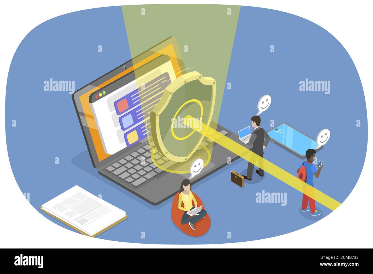 Illustrazione piatta isometrica 3D della sicurezza di rete, protezione dei dati Foto Stock