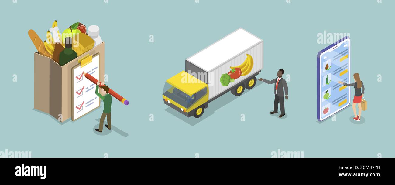 Illustrazione piatta isometrica 3D della consegna di alimenti alimentari, spedizione di frutta e verdura fresca dell'azienda agricola Foto Stock