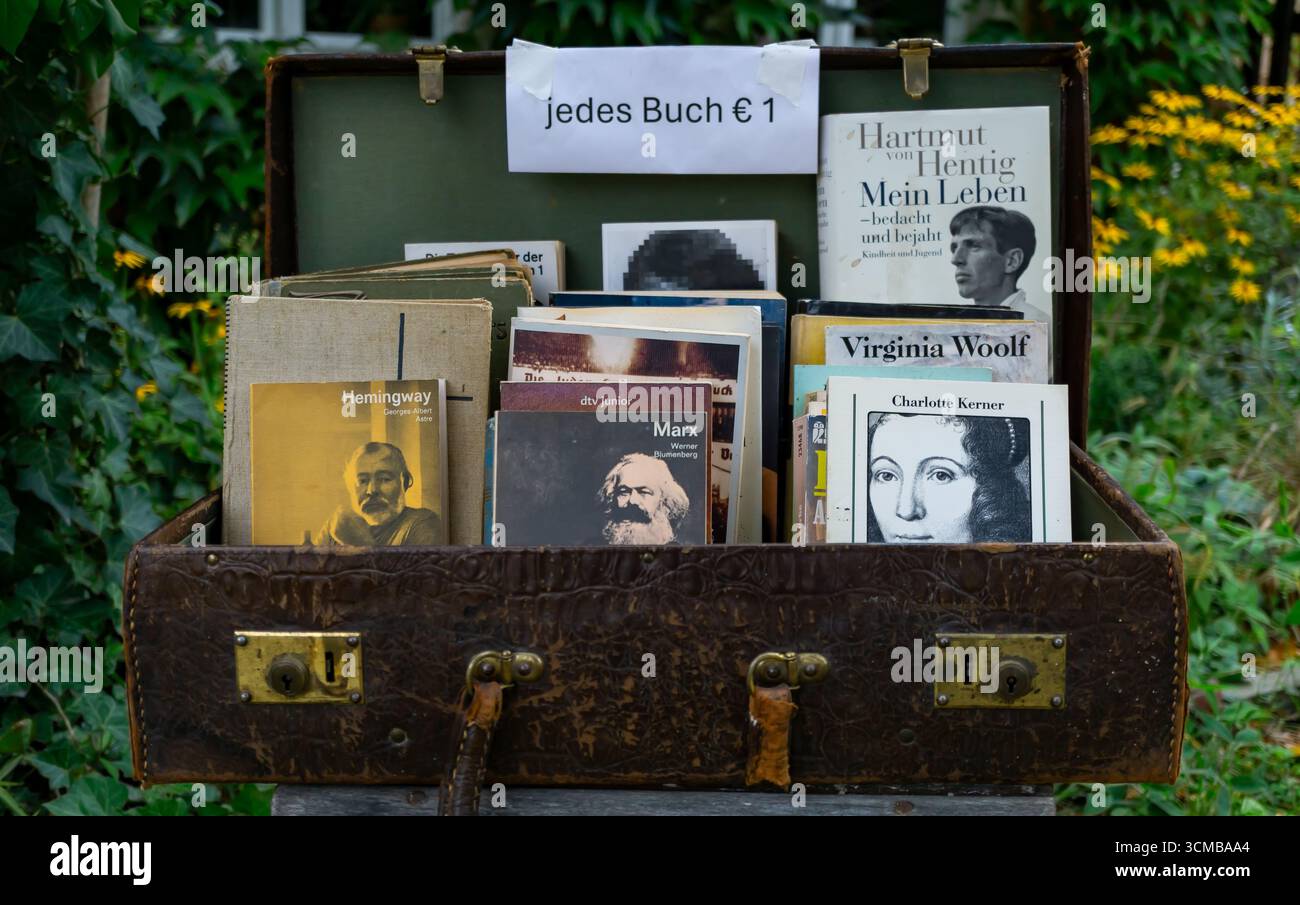 Cassa di libri vintage con letteratura classica e un'insegna Euro a Caputh, Brandeburgo, Germania. Foto Stock