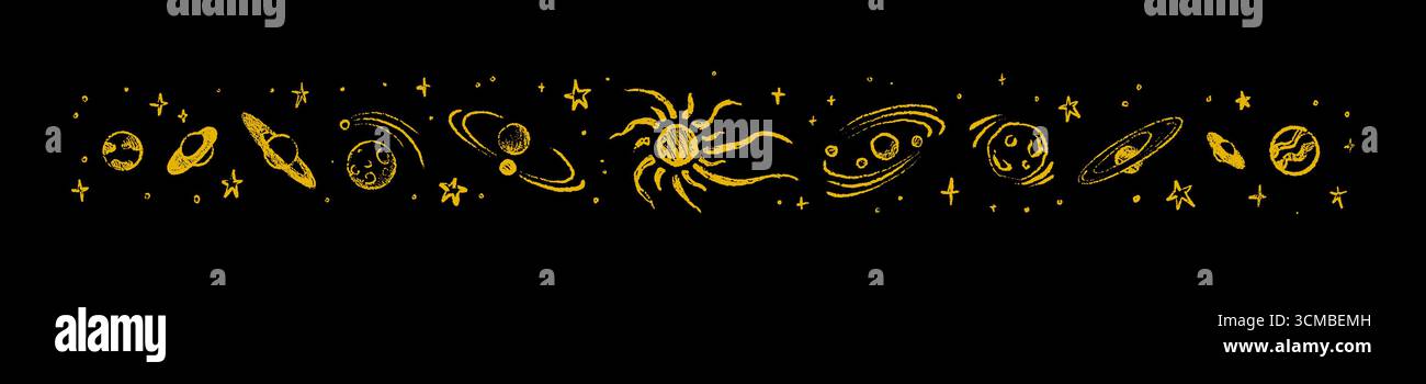 Poster dorato del pastello del cielo notturno disegnato a mano. Sole, luna mezzaluna, stelle cadenti, pianeti del sistema solare su sfondo nero. Scarabocchiare con gesso infantile Illustrazione Vettoriale