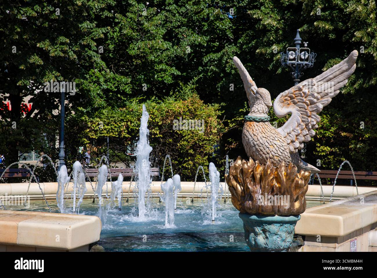 Debrecen, Ungheria 30 luglio 2025: Splendida fontana ornata con potenti getti d'acqua che creano spettacolari spruzzi nel centro della città contro il bui storico Foto Stock