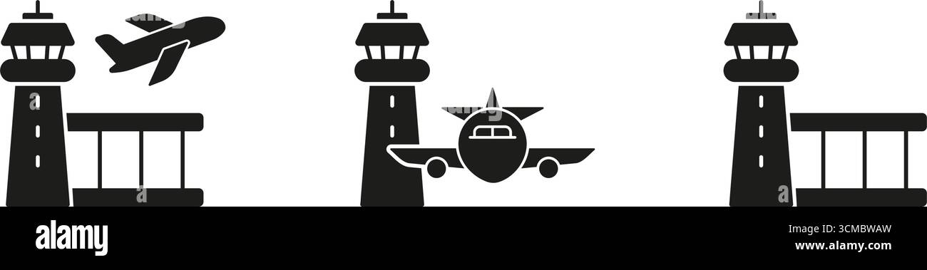 Set di icone Airport Control Tower e Airplane Solid. Simbolo della sagoma della direzione dell'aviazione, delle operazioni di volo e del controllo del traffico aereo. Viaggiare e. Illustrazione Vettoriale
