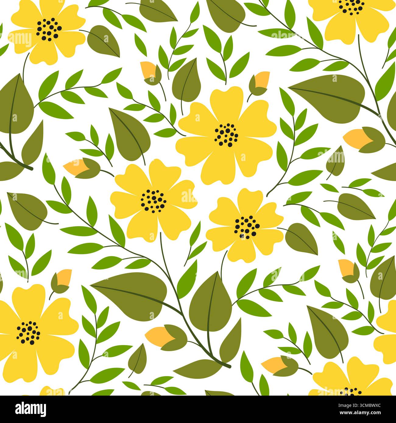 Fiori gialli primaverili e foglie verdi. Delicato bouquet primaverile senza cuciture. Ornamento grazioso floreale. Composizione vegetale. Design estivo di fiori Illustrazione Vettoriale