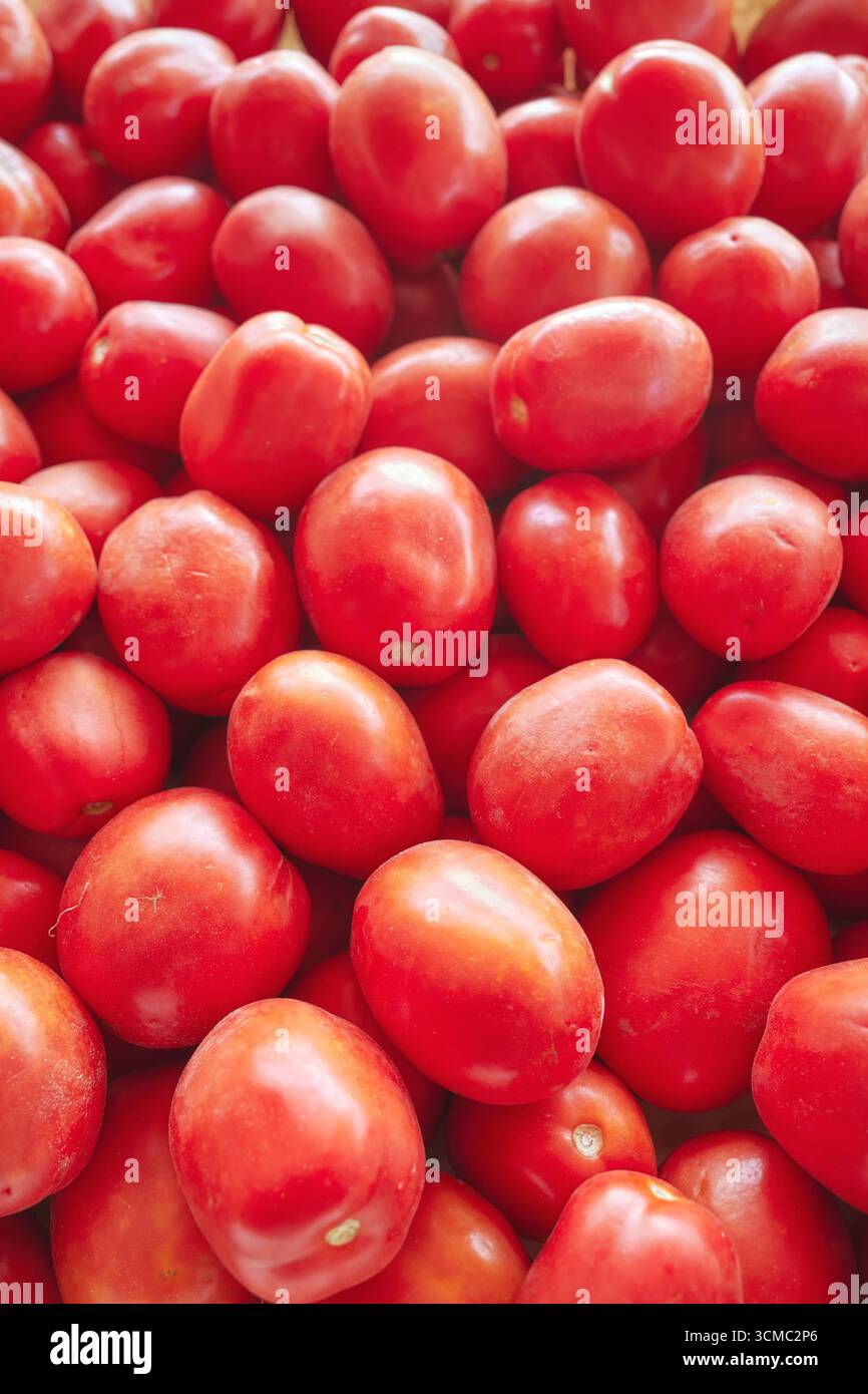 Foto ravvicinata di pomodori maturi biologici, messa a fuoco selettiva. Foto Stock