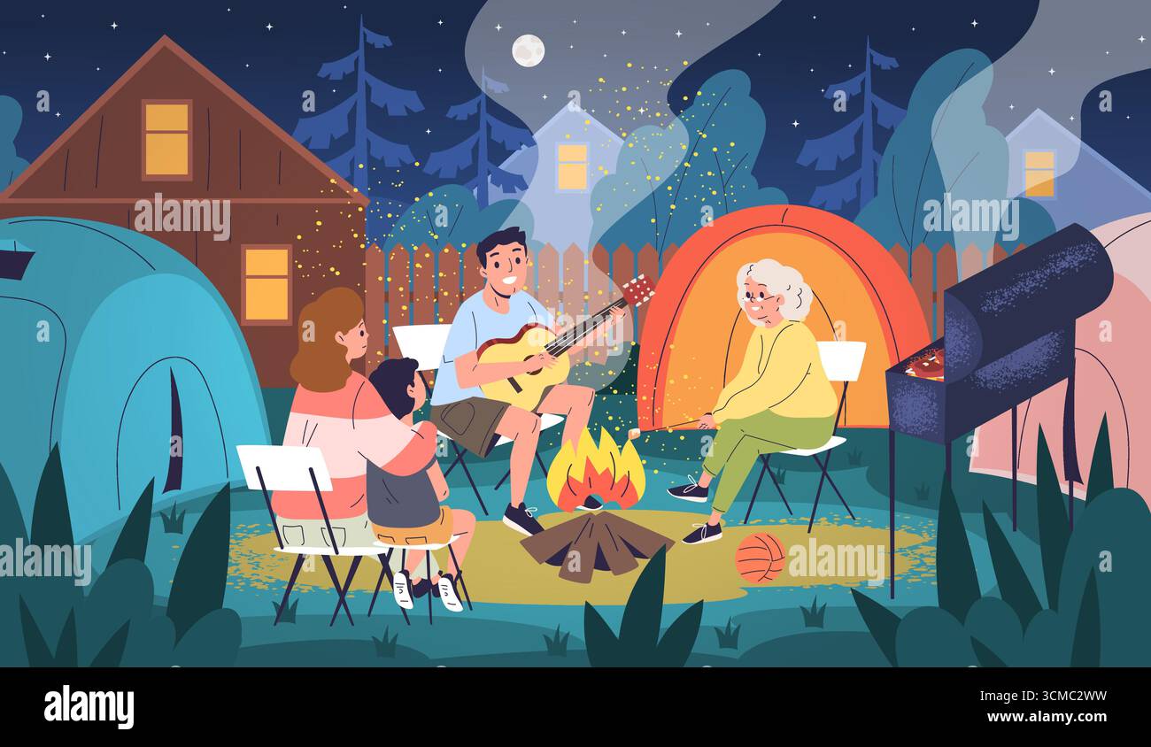 Campeggio sul retro. Campo notturno in giardino, i genitori con bambini si siedono intorno al fuoco e alla tenda, madre padre figlio nonna staycation fuori ho Illustrazione Vettoriale