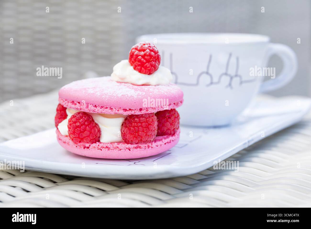 Elegante macaron rosa ai lamponi con ripieno di panna e frutti di bosco freschi servito insieme al caffè su un piatto di porcellana bianca. Foto Stock