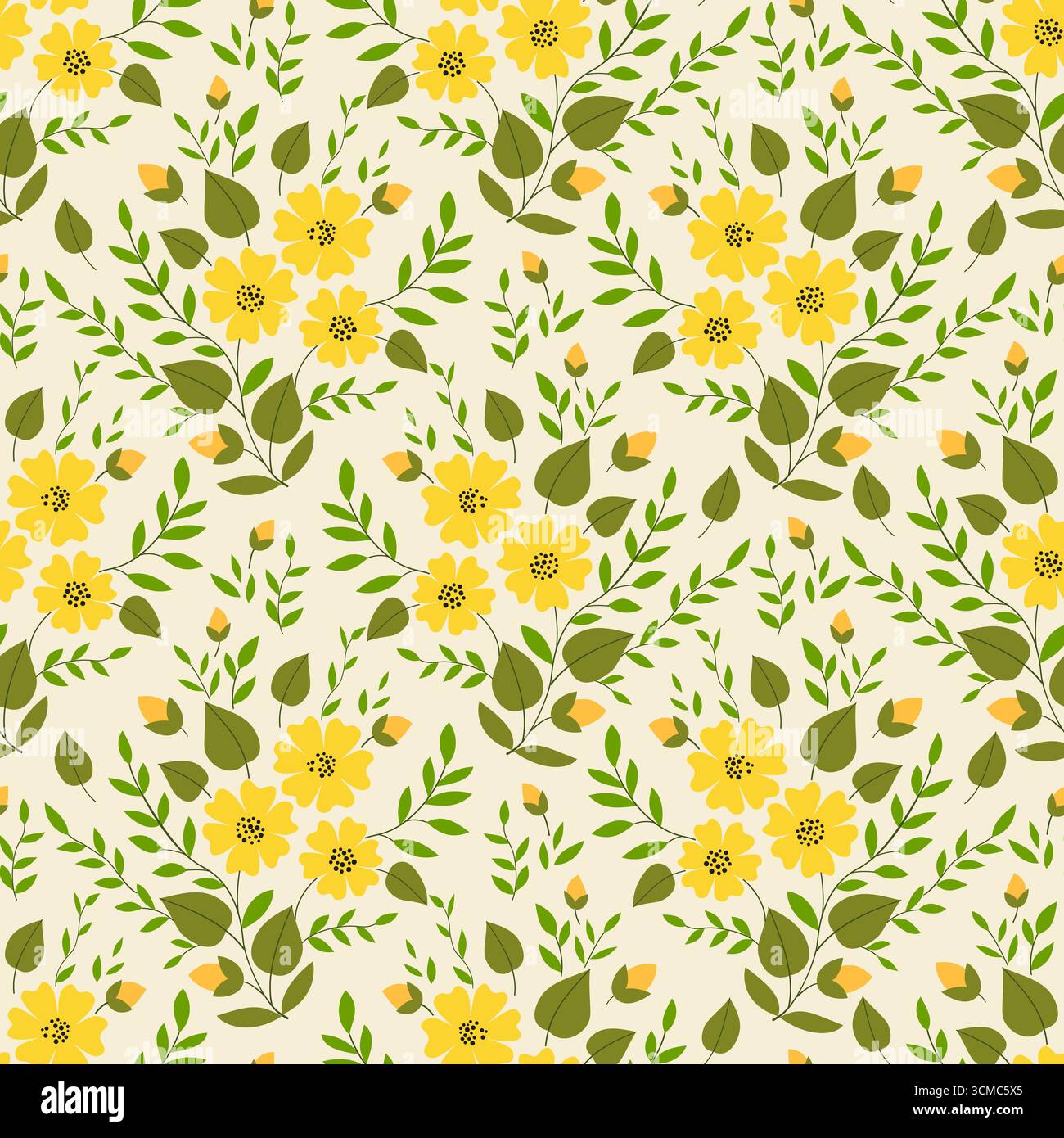 Fiori gialli primaverili e foglie verdi. Delicato bouquet primaverile senza cuciture. Ornamento grazioso floreale. Composizione vegetale. Design estivo di fiori Illustrazione Vettoriale