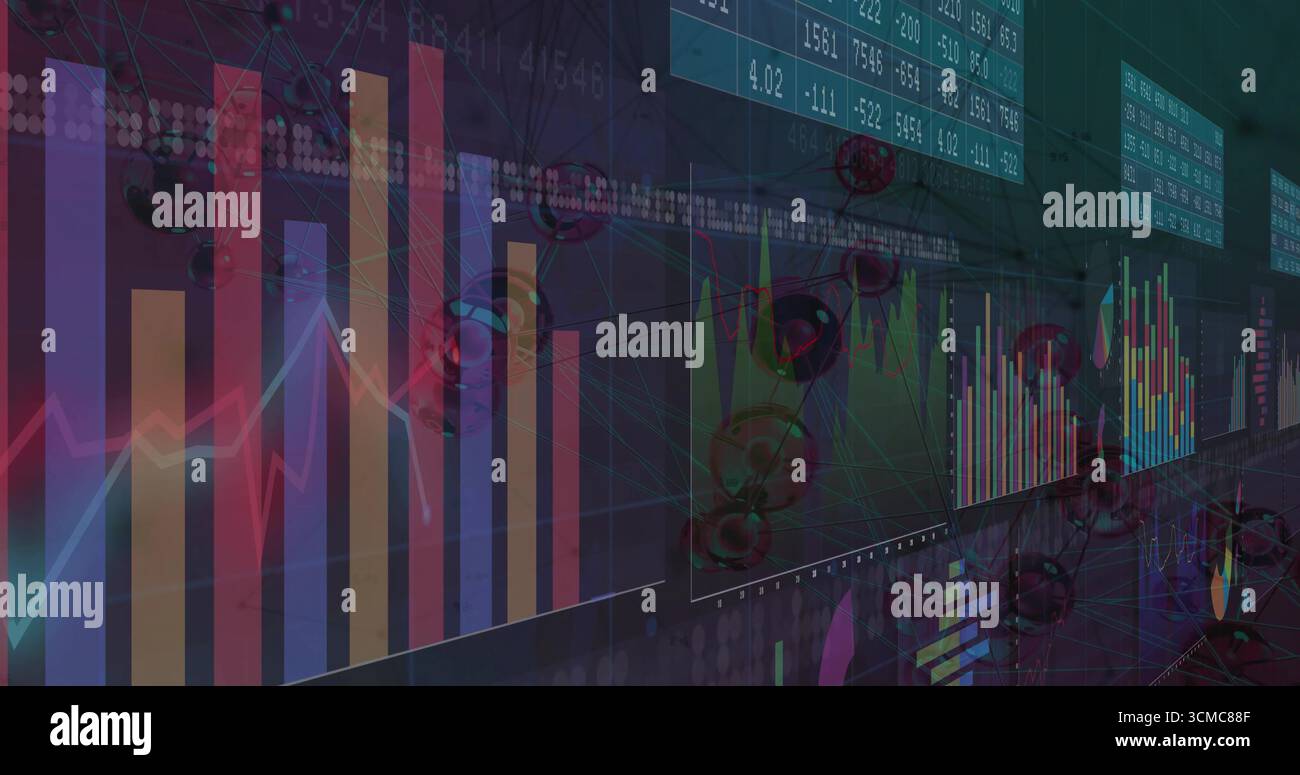 Grafico a barre che mostra grafici a linee, modelli molecolari, pannelli numerici e linee di rete su griglia virtuale Foto Stock