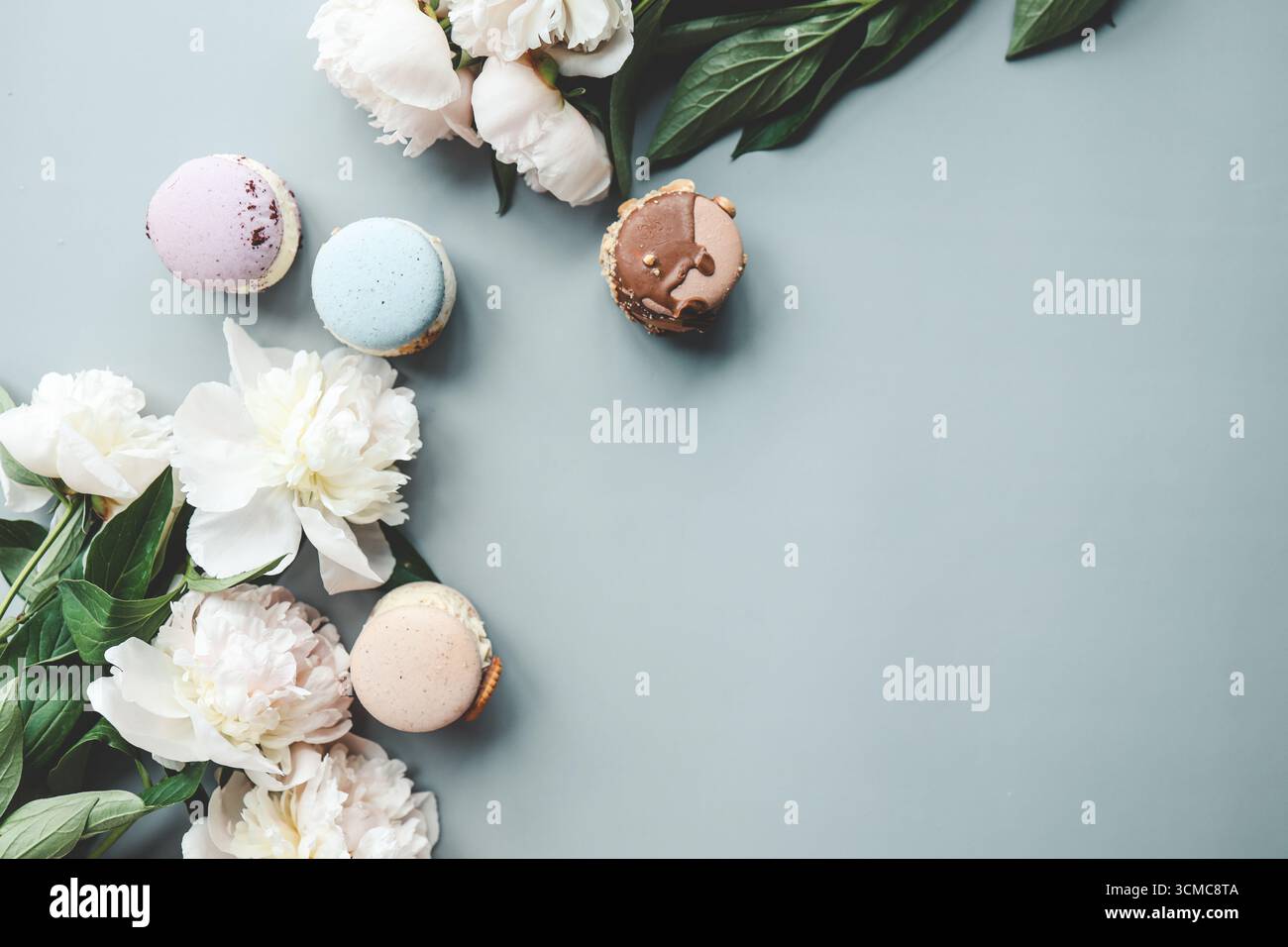 Splendida carta da parati estiva, sfondo con spazio per testo, macaron e peonie. Foto Stock