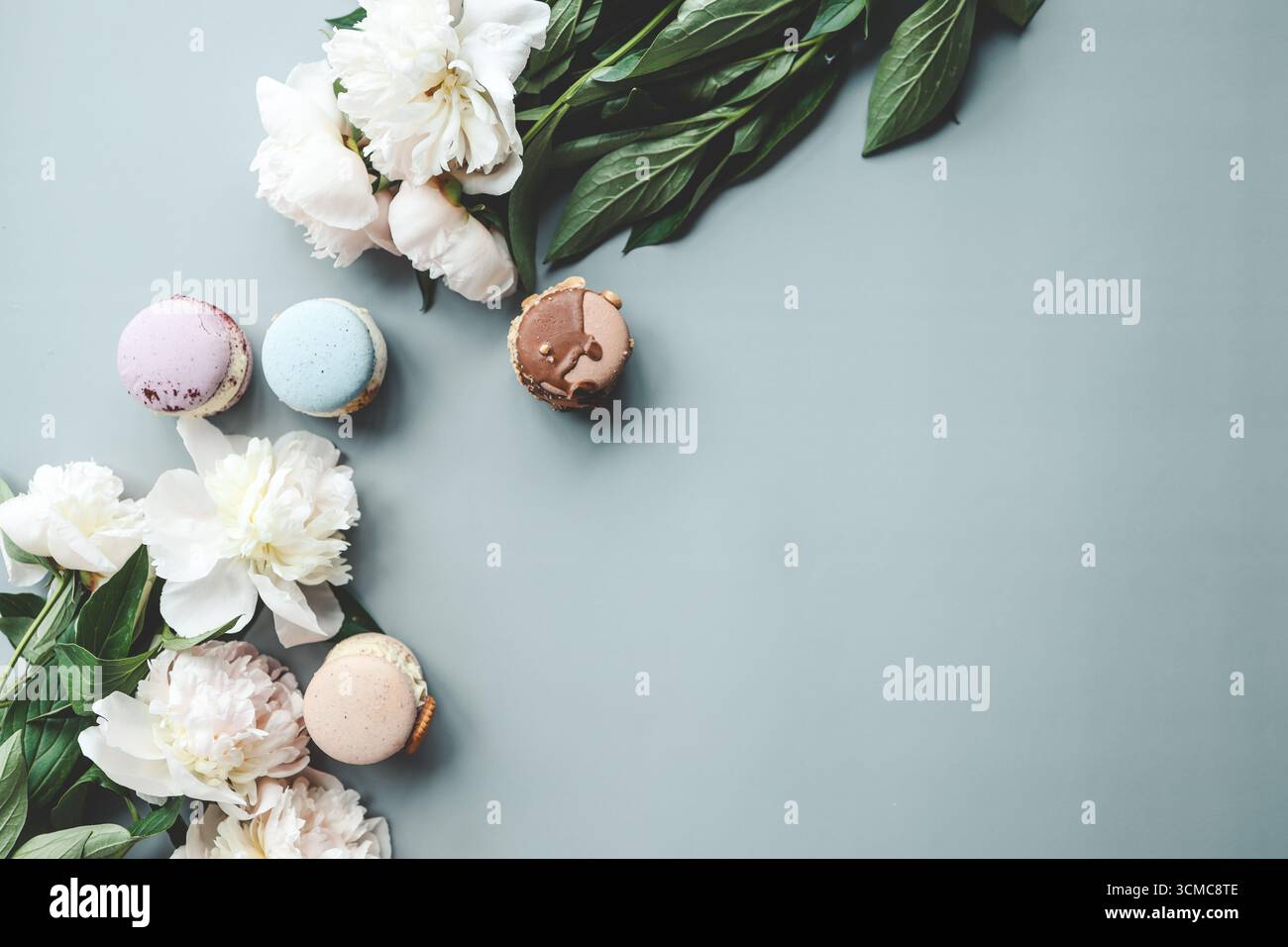 Splendida carta da parati estiva, sfondo con spazio per testo, macaron e peonie. Foto Stock