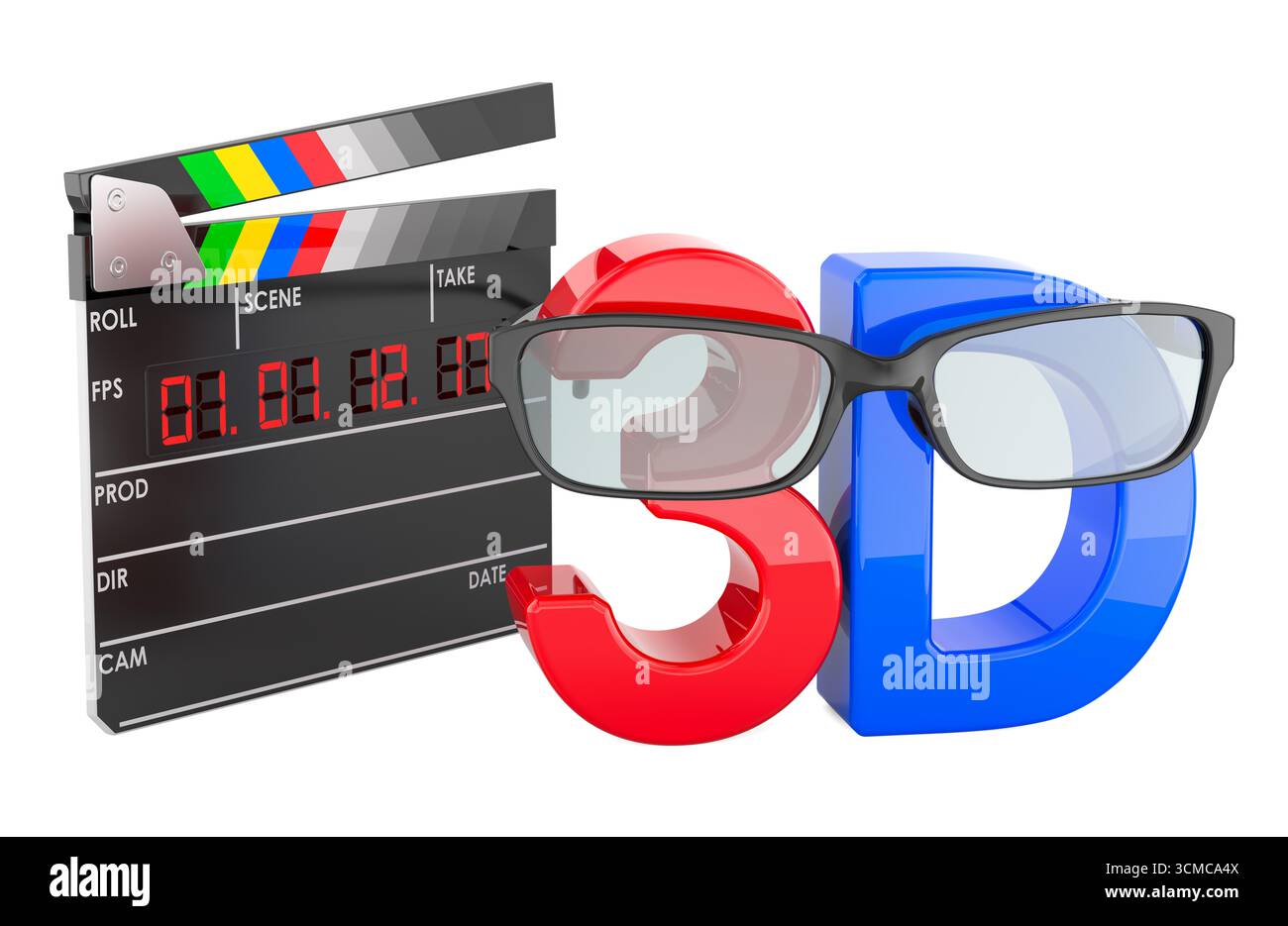 Concept cinematografico 3D con lavagna a fogli mobili e occhiali 3D. Rendering 3D isolato su sfondo bianco Foto Stock