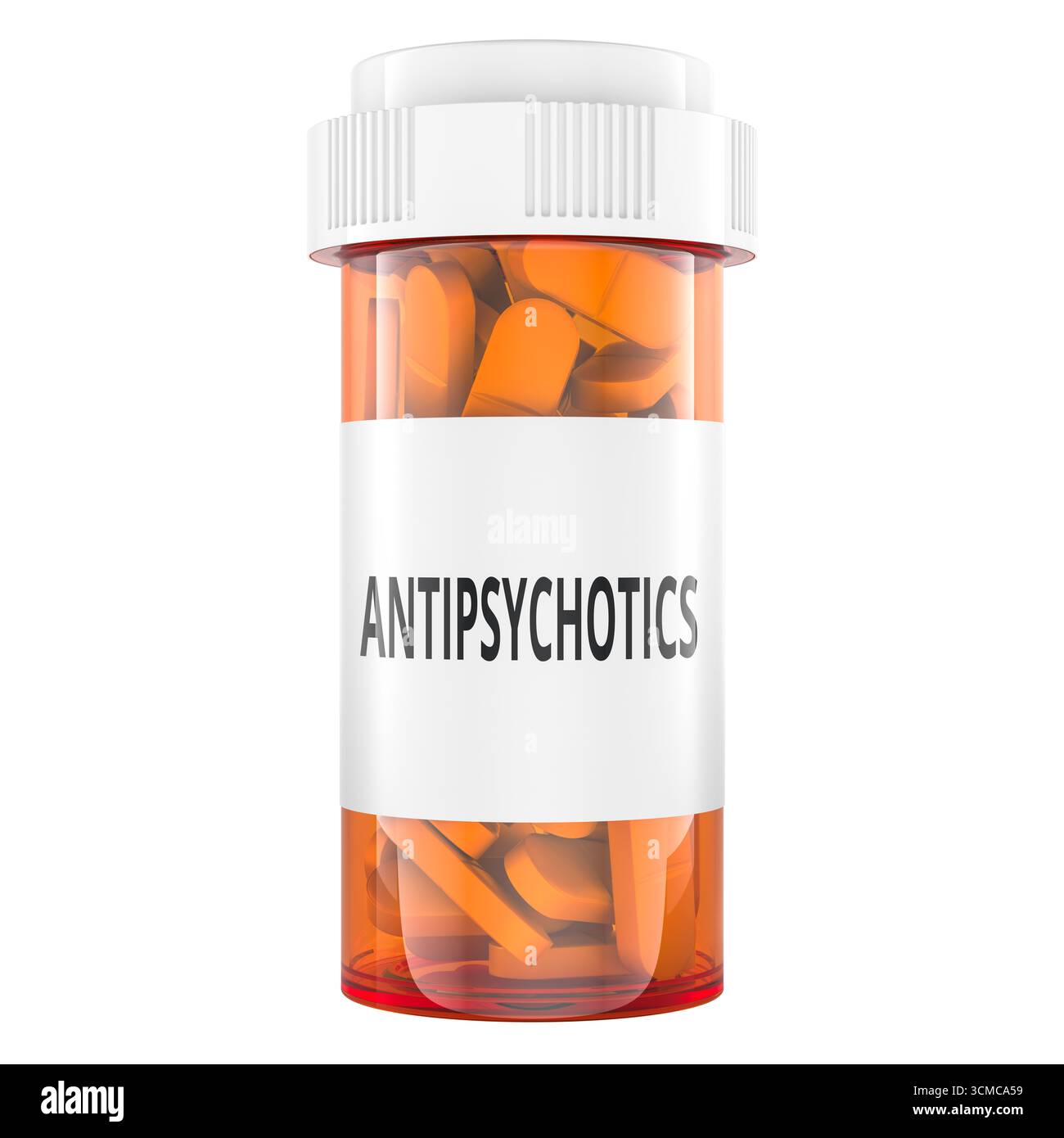 Bottiglia di medicinali antipsicotici, pillole di prescrizione arancione. Rendering 3D isolato su sfondo bianco Foto Stock