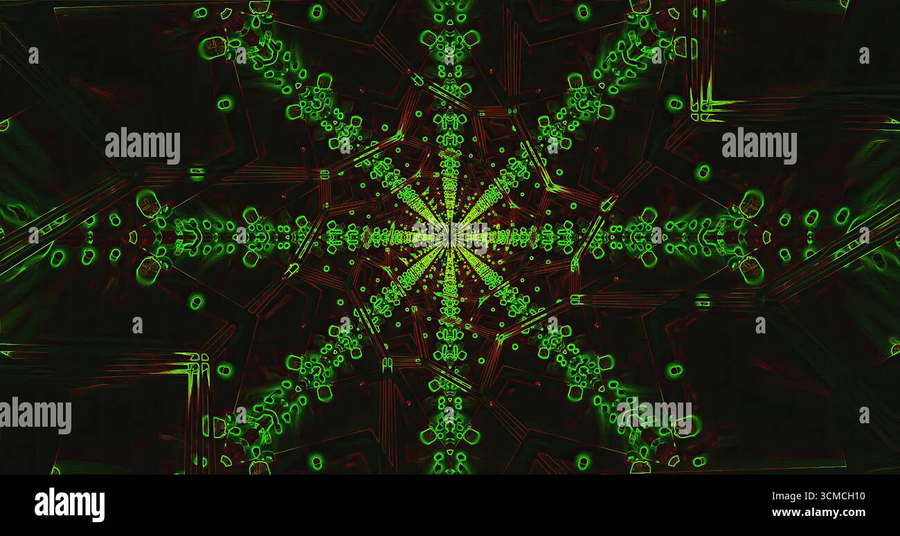 Un motivo sorprendente caratterizzato da un vivace design simile a una stella verde. Il disegno irradia energia con linee e forme intricate, creando una visione accattivante Foto Stock