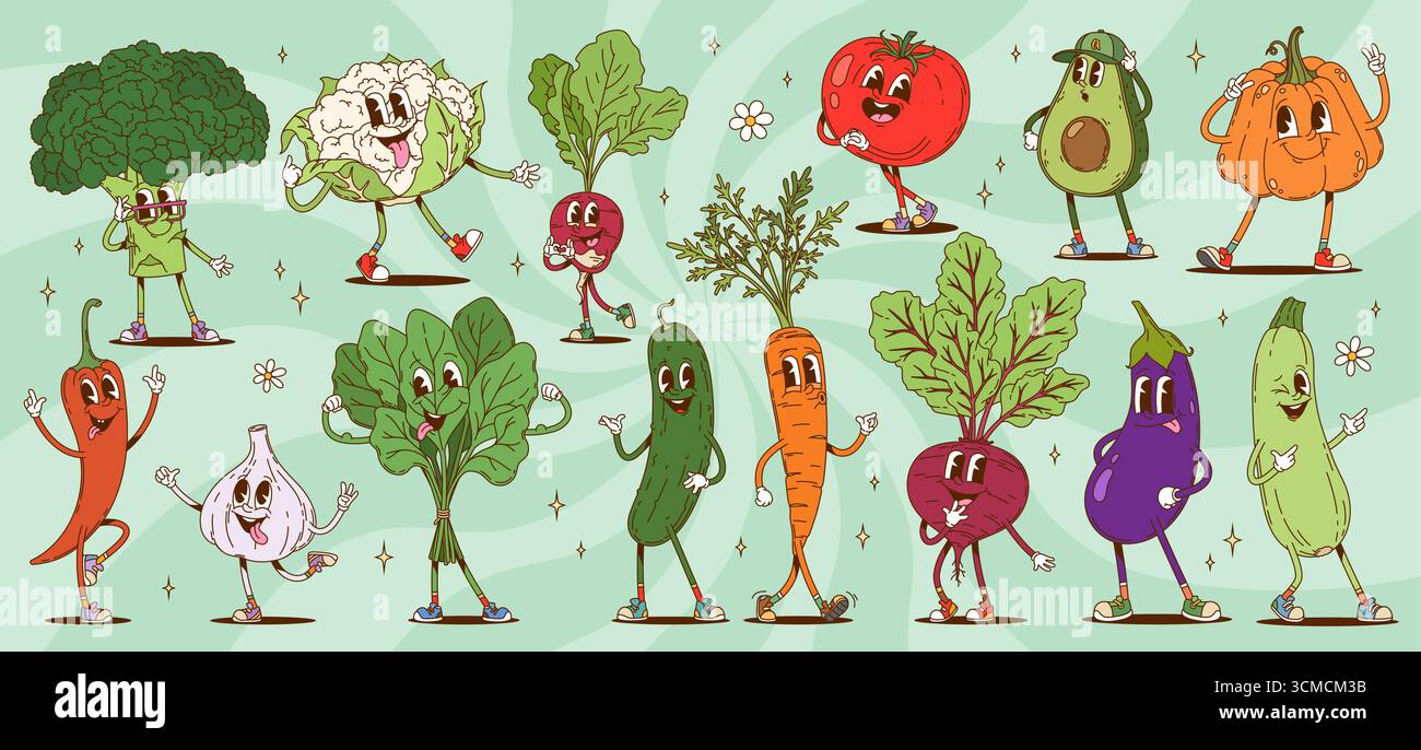 Cartoni animati personaggi vegetali allegri espressioni divertenti. Broccoli, avocado, pomodoro, carota, barbabietola, aglio e melanzane. Peperoncino, cavolfiore, spinaci e zucca con zucca che enfatizza la salute Illustrazione Vettoriale